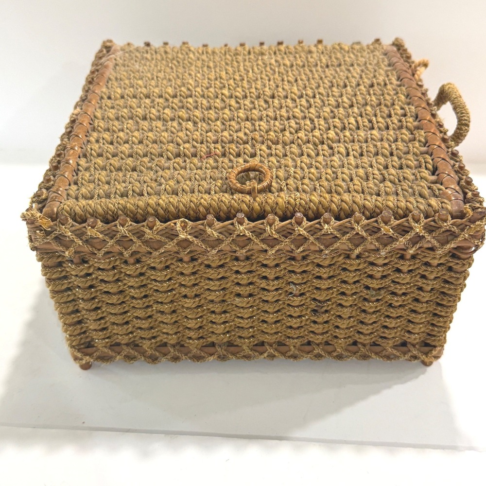 Vintage Wicker Sewing Basket Pink Tufted Satin Lining Gold Metallic Woven Box